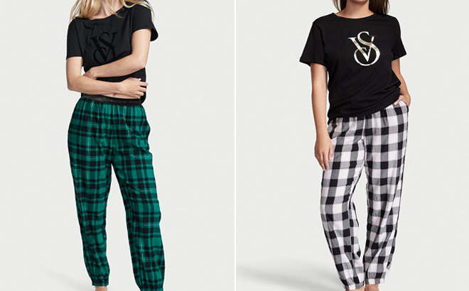 Two Photos of Models Wearing Victoria's Secret Pajama Sets