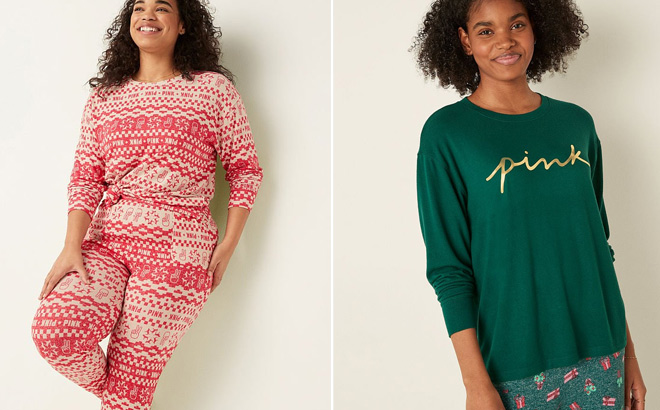 Two Photos of Models Wearing Victoria's Secret PINK Cozy Long-Sleeve Sleep Shirts