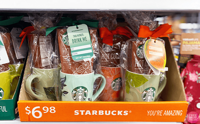 Bunch of Starbucks Mug with Cocoa Gift Sets on a Store Shelf