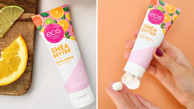 Eos Shea Better in Pink Citrus Scent on the Left and Hand Holding Same Item on the Right