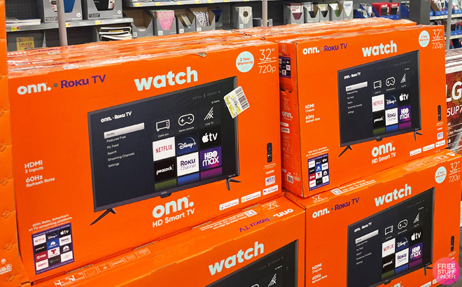 Onn. Roku 32-Inch TV in the Box on a Walmart Shelf