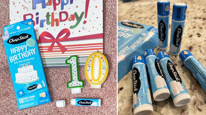 A Photo of the ChapStick Birthday 10-Pack Lip Balms on the Left and Six ChapStick Balms on the Right