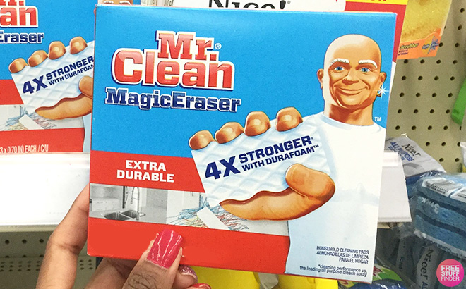 Person Holding Mr Clean Magic Eraser Extra Durable Cleaning Pads