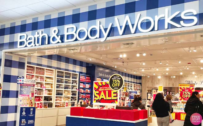 Bath & Body Works Store Front with Products on Shelves and People Shopping