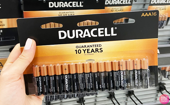 Hand Holding Duracell AAA Alkaline Batteries 16 Pack