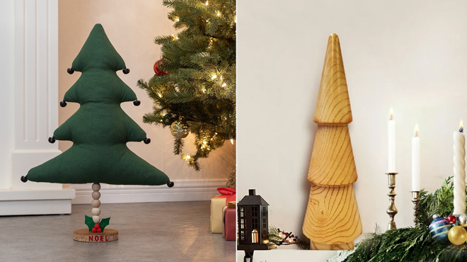 Holiday Time 24 inch Christmas Tree Tabletop Decoration on the left and Holiday Time 15 7 inch Christmas Wooded Tree on the right