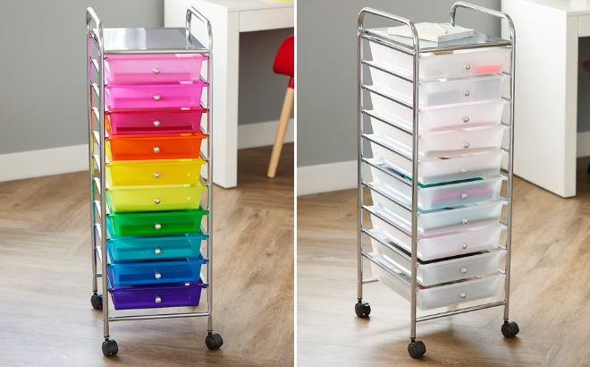 Simply Tidy 10 Drawer Rolling Cart in Rainbow and Clear Color
