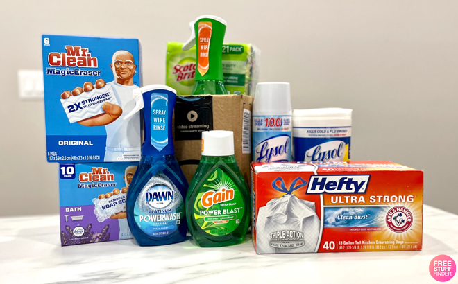 Eight Different Household Cleaning Products on a Tabletop