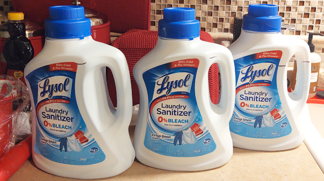 3 Lysol Laundry Sanitizers 90 Ounce on a Kitchen Countertop 