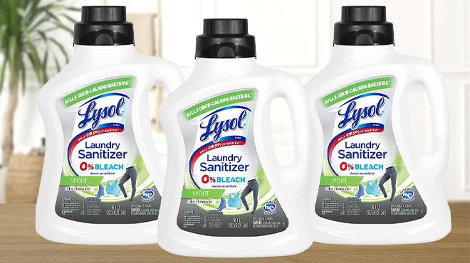 3 Lysol Laundry Sanitizers 90 Ounce on a Tabletop 