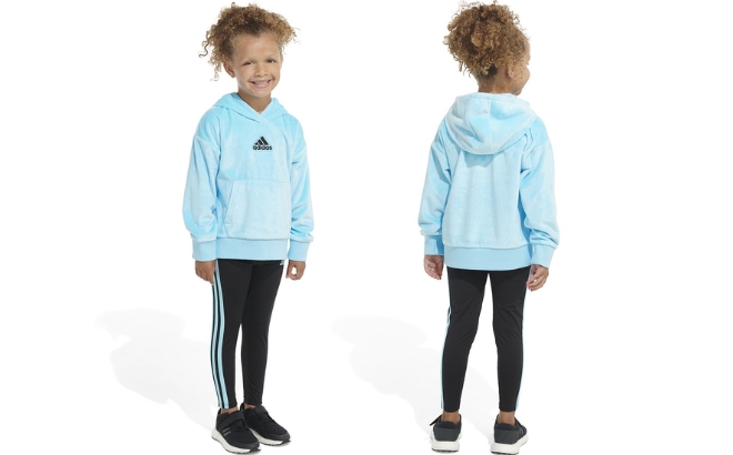 Adidas Girls 2 Piece Fleece Hooded Pullover Leggings Set Adidas Girls 2 Piece Fleece Hooded Pullover Leggings Set