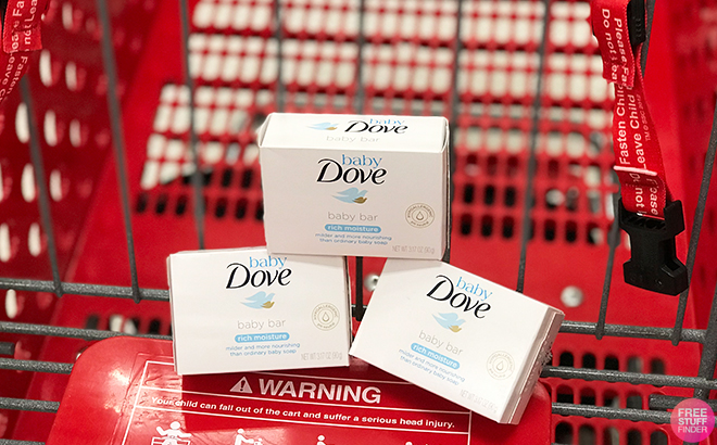 Dove Baby Soap Bar Rich Moisture 3-Pack Inside a Shopping Cart