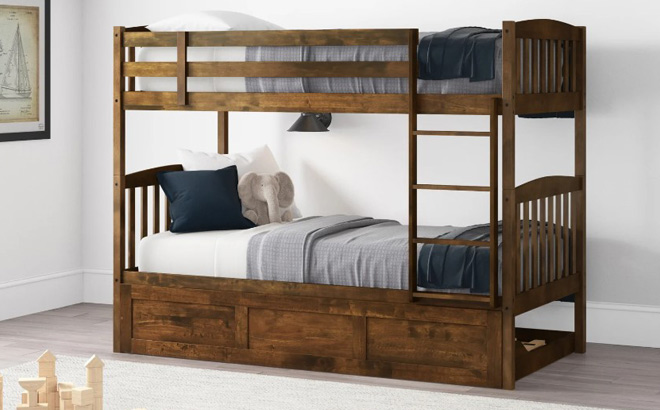 Brown Solid Wood Twin Over Twin Standard Bunk Bed with Trundle