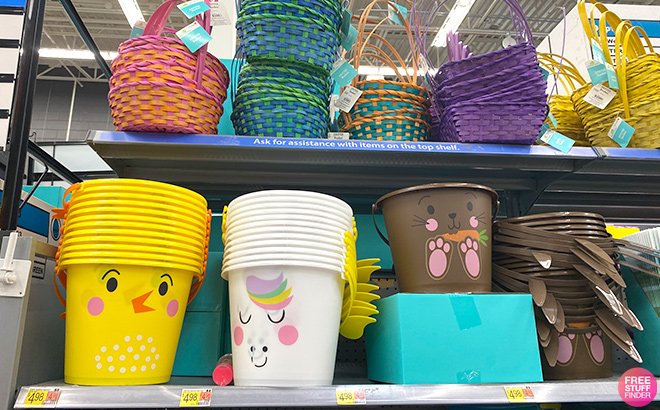 Easter Plastic Baskets on a Shelf