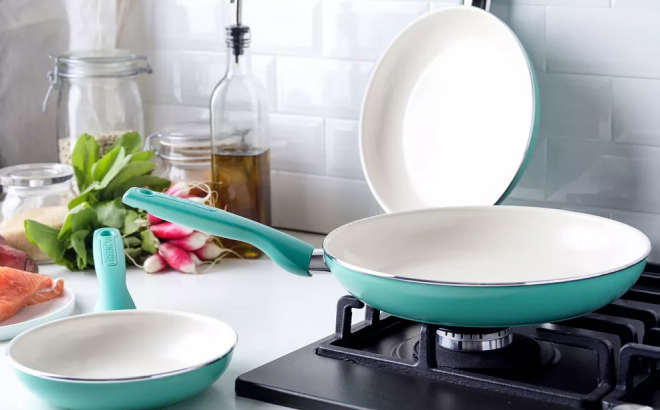 GreenPan Rio 3 Pack Frypan Set in Turquoise Color