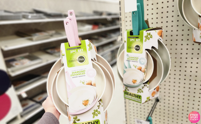 Hand Holding GreenPan Rio 3 Pack Frypan Set