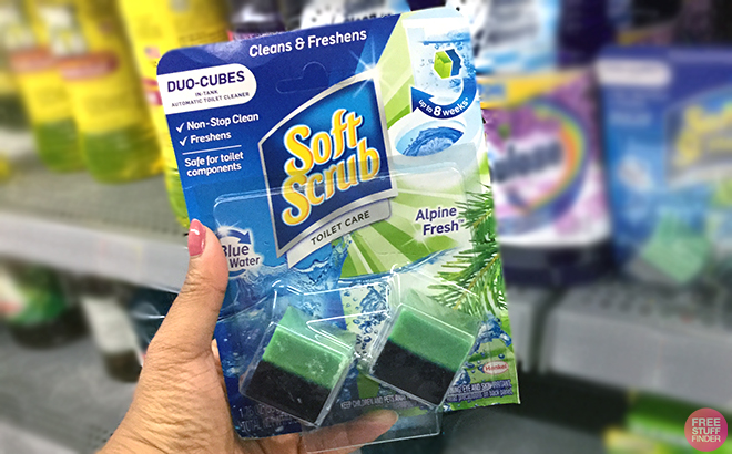 Hand holding Soft Scrub Duo Cubes Hand holding Soft Scrub Duo Cubes 1