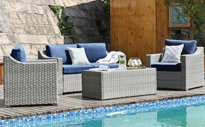 Happatio 4-Piece Wicker Patio Conversation Set with Cushions Happatio 4 Piece Conversation Set