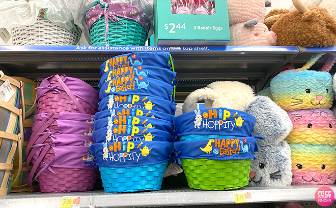 Hip Hoppity Plastic Easter Baskets on a Shelf