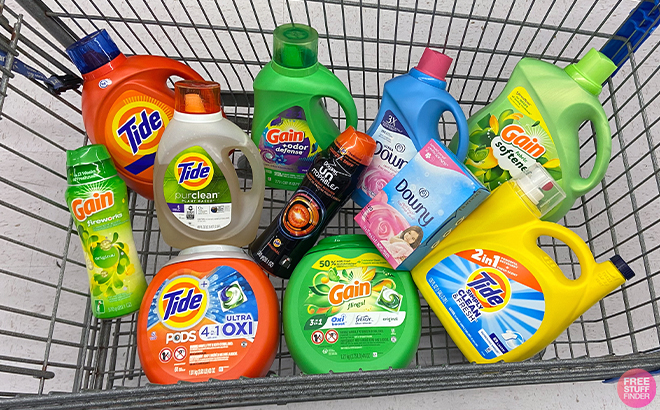 Household Products like Tide Gain and Downy in a shopping cart
