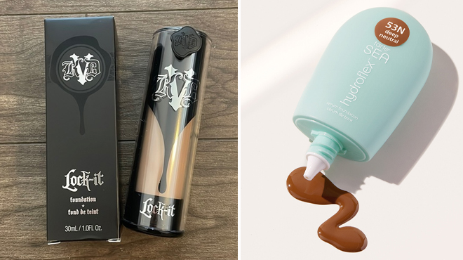 KVD Beauty Lock It Full Coverage Long Wear Matte Liquid Foundation on the Left and Rarte Sea Hydroflex Serum Foundation on the Right KVD Beauty Lock It Full Coverage Long Wear Matte Liquid Foundation on the Left and Rarte Sea Hydroflex Serum Foundation on the Right