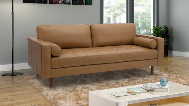 Leather 88 inch Sofa in light brown wayfair