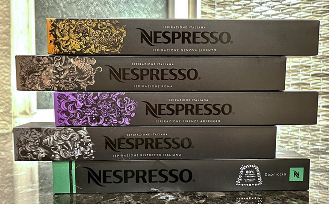 Five Black Stacked Boxes of Nespresso Capsules
