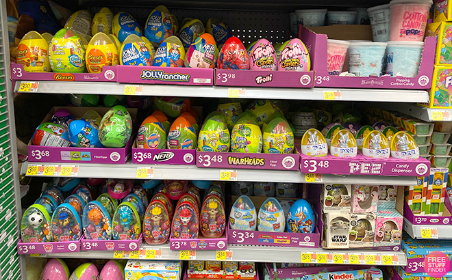 Overview of Easter Toy Eggs on a Shelf