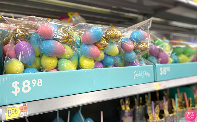 Packed Party Rainbow Colored Eggs on a Shelf