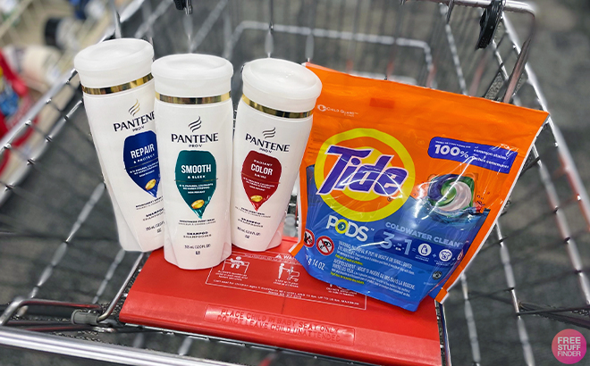 Pantene Shampoo and Conditioner with Tide Pods in CVS cart