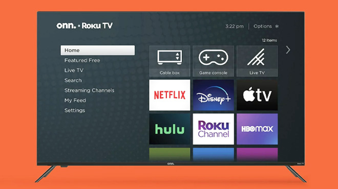 Onn Roku 50-Inch 4K Smart TV on an Orange Background