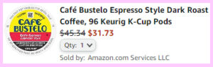 Screen Grab showing the final price for Cafe Bustelo Espresso K Cups 96 Count