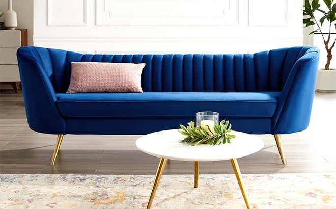 Upholstered Sofa Royal Blue in living room Wayfair