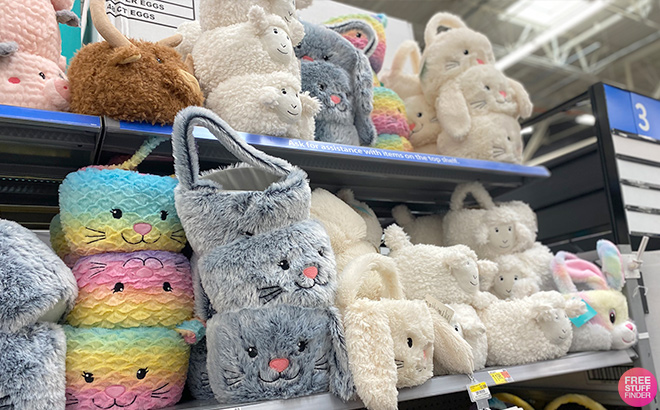 White Bunny Rainbow and Grey Cat Easter Baskets on a Shelf