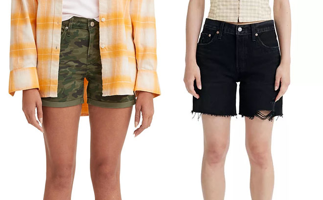 Levi's Women's Camo Jean Shorts on the Right and Levi's Women's 501 Black Frayed Jean Shorts on the Right