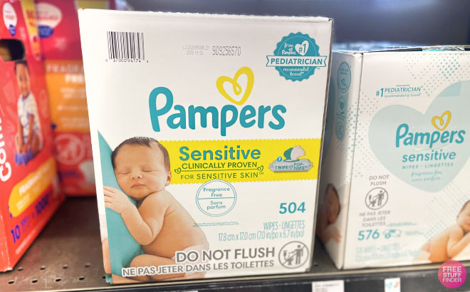 Pampers Sensitive Baby Wipes 504 Count on a Shelf 