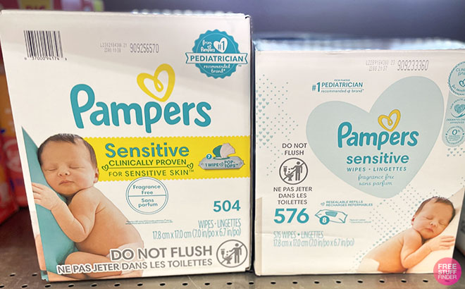 Pampers Sensitive Baby Wipes 504 Count on the Left and Pampers Sensitive Baby Wipes 576 Count on the Right
