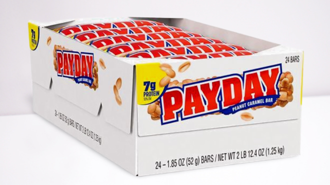 A 24-Count Box of Payday Peanut Caramel Candy Bars