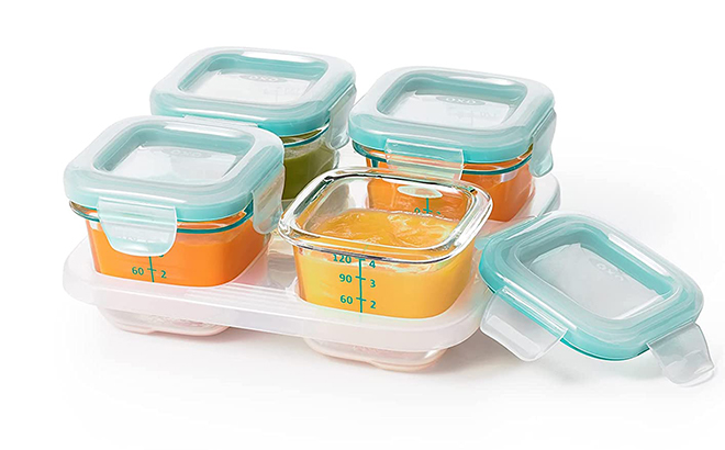 4 OXO Tot Glass Baby Blocks Food Storage Containers Teal 4 oz