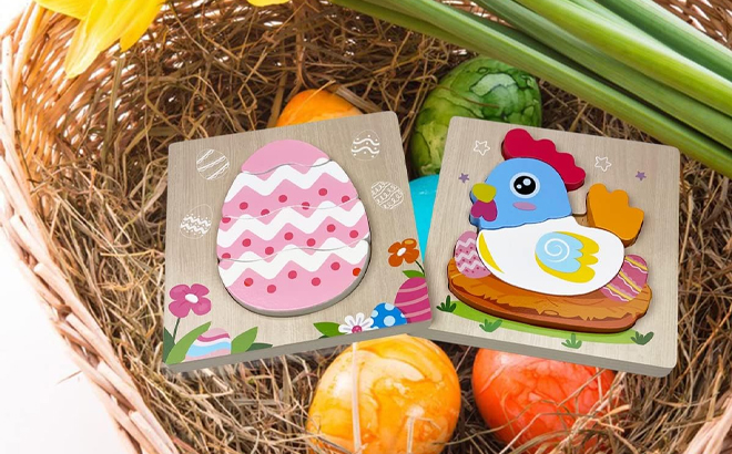 4 Pack Easter Wooden Puzzles for Kids in an Easter Basket