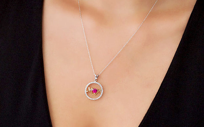 5.0mm Heart Shaped Lab Created Ruby and White Sapphire Frame MOM Circle Pendant on a Model
