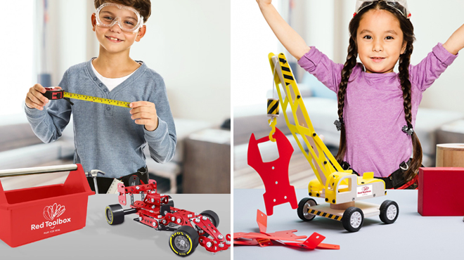 A Boy With Red Toolbox Car Kit on the Left and a Girl With Red Toolbox Crane Kit on the Right