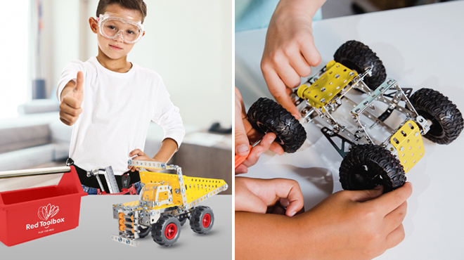 A Boy With Red Toolbox Dump Truck Kit on the Left and Hands Holding the Dump Truck From the Kit on the Right