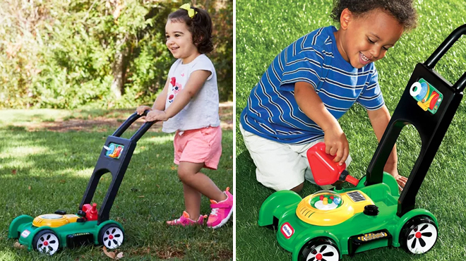 A Girl Pushing Little Tikes Gas n Go Mower on the Left and a Boy Playing with the Same Item on the Right