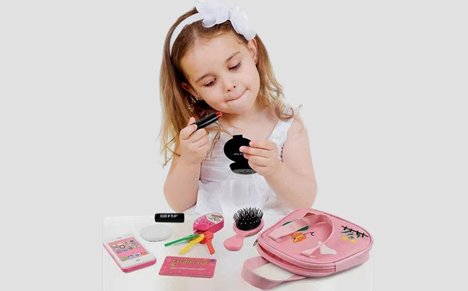 A Toddler Playing with Click N Play Toy Purse with Makeup Smartphone Wallet Keys Credit Card