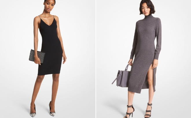 A Woman Wearing the Michael Kors Chain Link Tank Dress in Black on the Left and a Woman Wearing the Michael Kors Turtleneck Dress in Grey on the Right