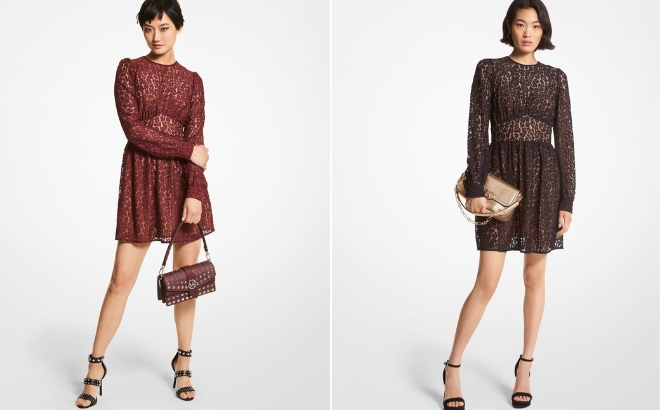 A Woman Wearing the Michael Kors Lace Mini Dress in Merlot on the Left and a Woman Wearing the Same Dress in Black on the Right