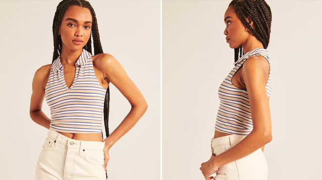 Front and Side View of a Woman Wearing an Abercrombie Fitch Multi Stripe Essential Polo Tank