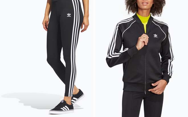 Adidas Women's Tights and Track Jacket on Grey Background