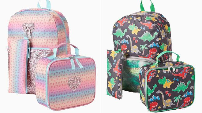 Adventure Trails Girls Glitter Heart Ombre 3 in 1 Backpack Set and Dinosaurs Backpack Set